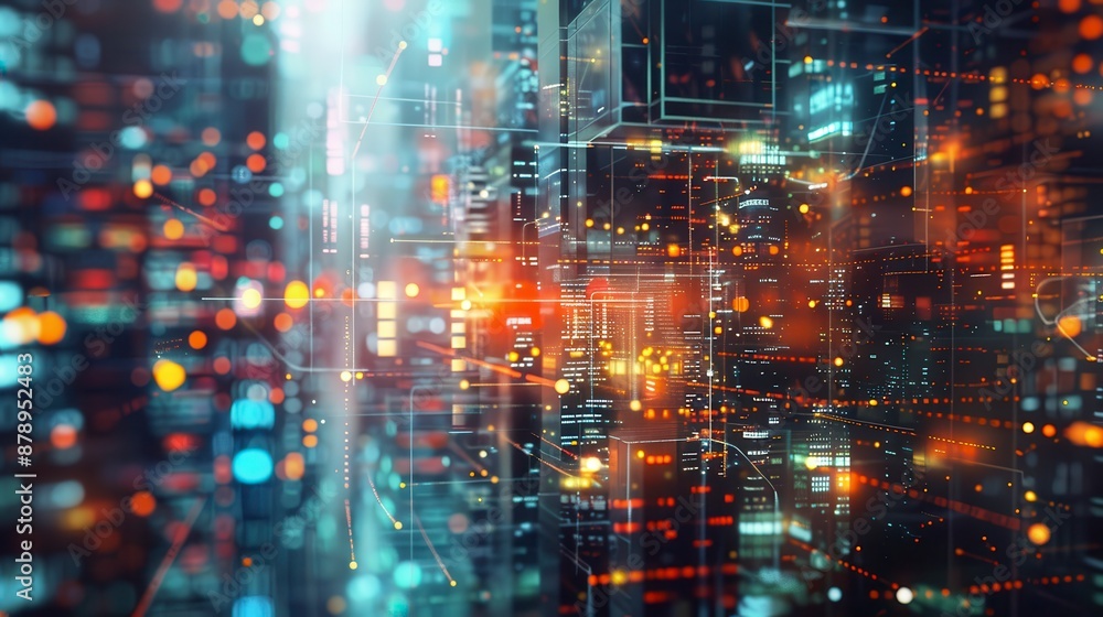 A futuristic digital cityscape with glowing lights and interconnected lines A futuristic digital cityscape with glowing lights and interconnected lines