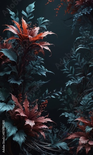 Dark Floral Background with Red and Teal Leaves.