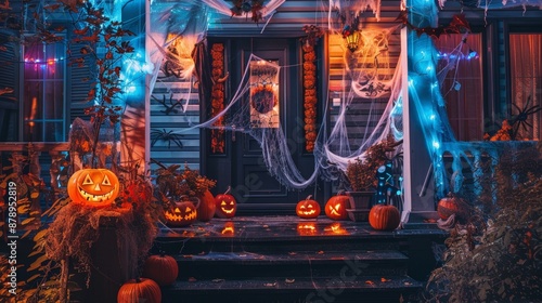 A haunted house decorated with cobwebs, pumpkins, and spooky lights, ready for trick-or-treaters. photo