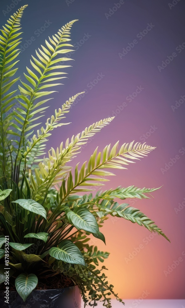 Obraz premium Tropical Plants Against a Pink Sunset.