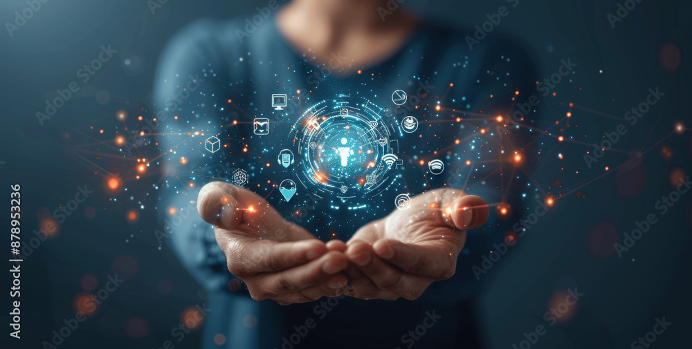 Fototapeta premium Artificial Intelligence Automated Machine Learning Smart Cybersecurity Business Concept with Virtual Hologram Icon and Digital Interface Futuristic Banner