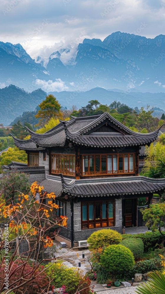 In the evening, wooden palaces in the mountainous areas In the evening, wooden palaces in the mountainous areas