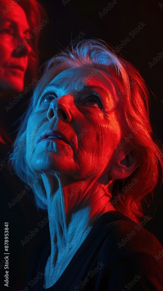 Portrait of the head of an elderly woman watching a movie in a cinema Portrait of the head of an elderly woman watching a movie in a cinema