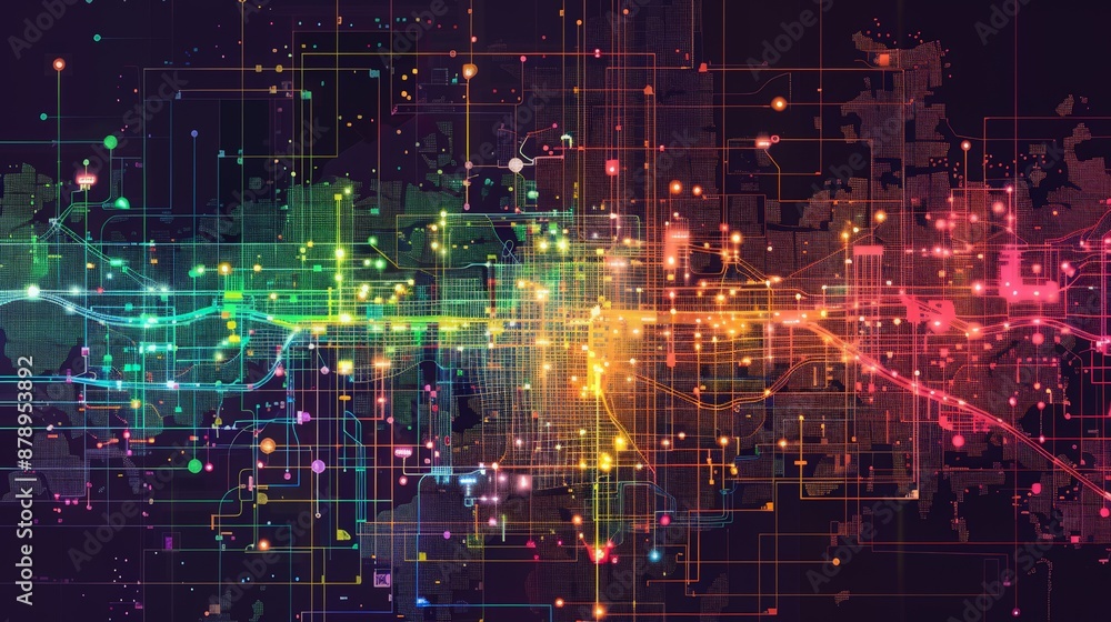 A heatmap of a city showing data on traffic congestion, with different colors indicating varying levels of density A heatmap of a city showing data on traffic congestion, with different colors indicating varying levels of density