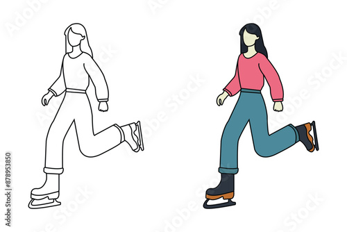 Young girl riding roller skates continuous line drawing. Skating single line style concept.