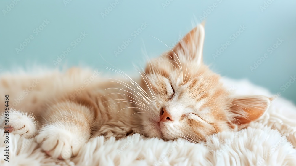 A cat is sleeping on a white blanket. The cat is curled up and has its paws tucked under its body. The blanket is soft and fluffy, providing a comfortable place for the cat to rest A cat is sleeping on a white blanket. The cat is curled up and has its paws tucked under its body. The blanket is soft and fluffy, providing a comfortable place for the cat to rest