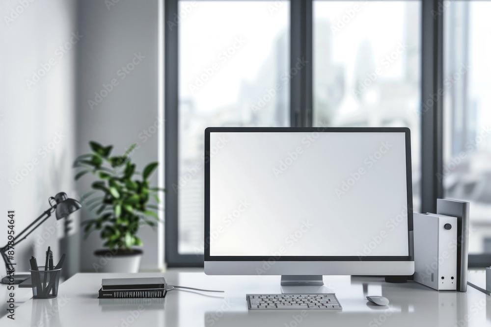 business interior with desk near window, pc computer and mock up wall with copy space business interior with desk near window, pc computer and mock up wall with copy space