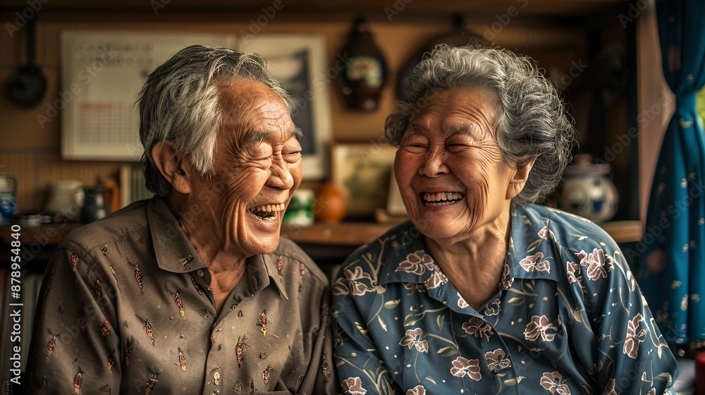 An ultra-sharp and clear photograph of a diverse elderly couple, a grandfather and grandmother, laughing together in their living room, every wrinkle and joyful expression perfectly detailed An ultra-sharp and clear photograph of a diverse elderly couple, a grandfather and grandmother, laughing together in their living room, every wrinkle and joyful expression perfectly detailed