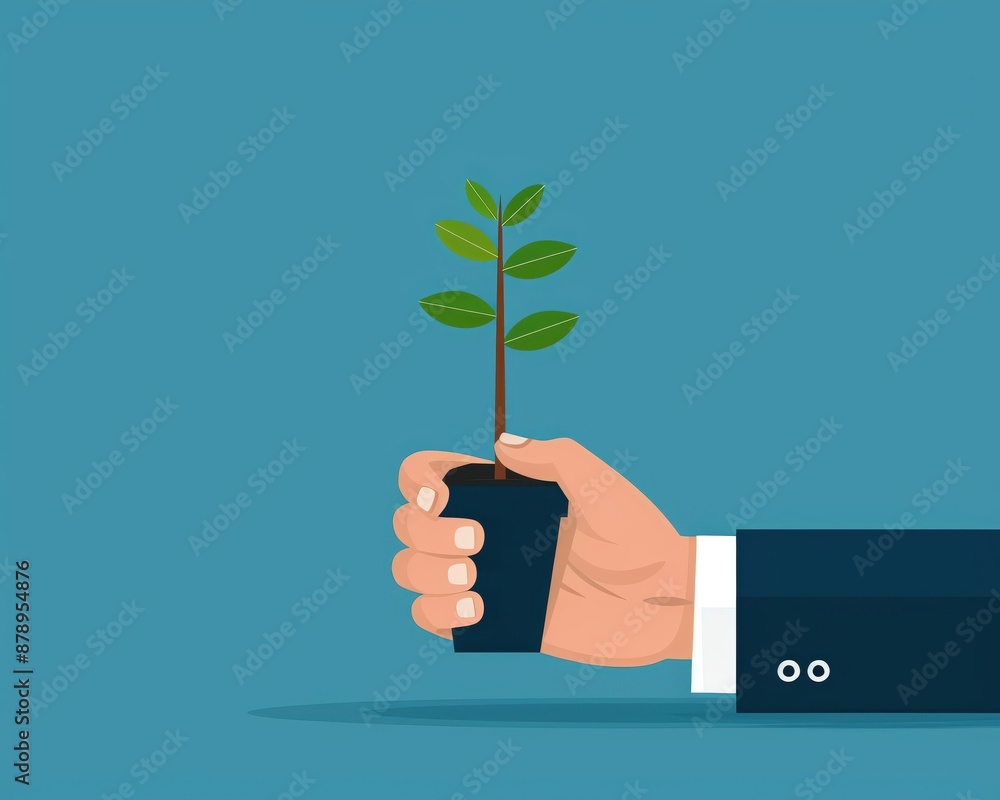 Businessman's hand holding a small plant in a pot, symbolizing growth, investment, and sustainability in a flat design. Businessman's hand holding a small plant in a pot, symbolizing growth, investment, and sustainability in a flat design.