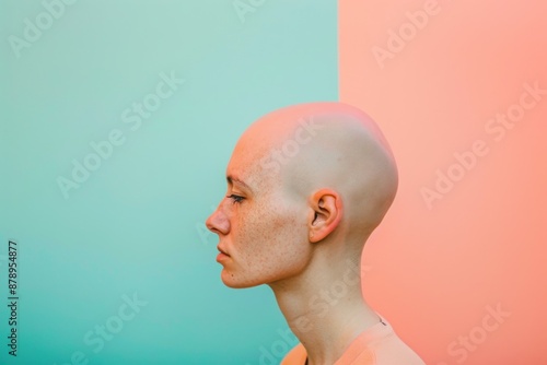 Cancer awareness conceptual, bald hairless cute child after chemo treatment hospital