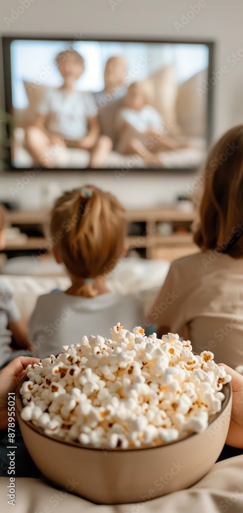 Family movie night with a bowl of popcorn, children watching TV together on a cozy couch, enjoying quality time. Family movie night with a bowl of popcorn, children watching TV together on a cozy couch, enjoying quality time.