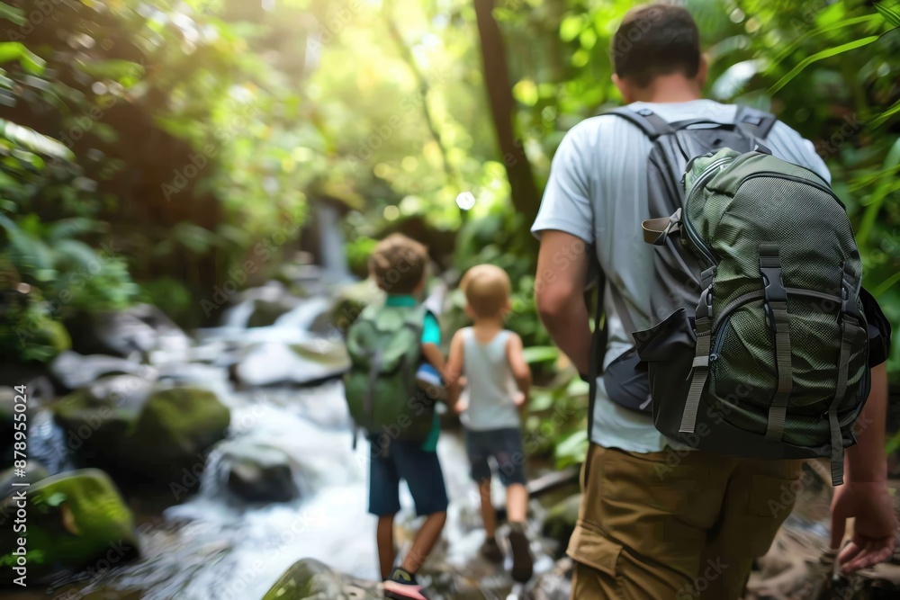 Family hiking through lush green forest near a river during daytime, enjoying nature and the outdoor adventure. Backpacks and casual wear. Family hiking through lush green forest near a river during daytime, enjoying nature and the outdoor adventure. Backpacks and casual wear.