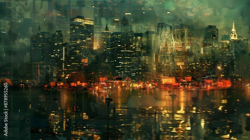 A city skyline at night with reflections of the city lights in the water