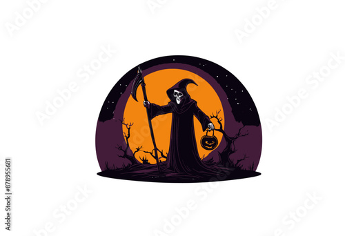 Midnight Halloween: A Grim Reaper's Silhouette Against a Halloweeny Moon photo