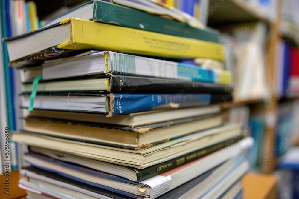 Close-up of a stack of textbooks on a desk, education concept Close-up of a stack of textbooks on a desk, education concept