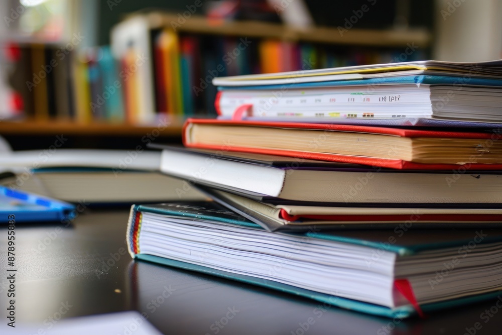 Close-up of a stack of textbooks on a desk, education concept Close-up of a stack of textbooks on a desk, education concept