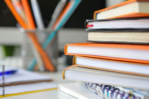 Close-up of a stack of textbooks on a desk, education concept photo