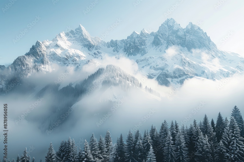 Fototapeta premium Snow capped pine trees and frozen lake surface