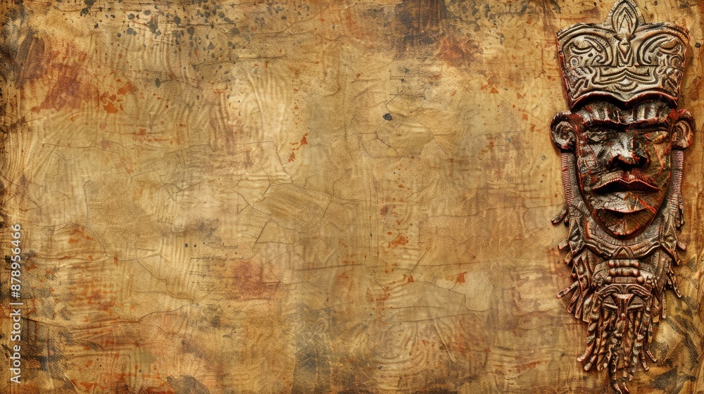 Naklejka premium Horizontal grunge background with aged paper texture and tribal mask space for text Template