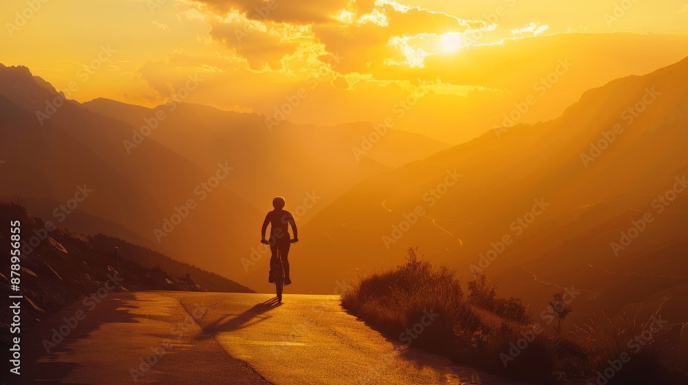 Obraz premium Biker silhouette on a mountain pass road at golden hour