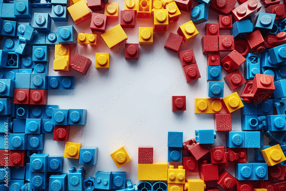 Naklejka premium Colorful Bricks On White Background, Flat Lay, Children's Play, Building Activity, Copy Space