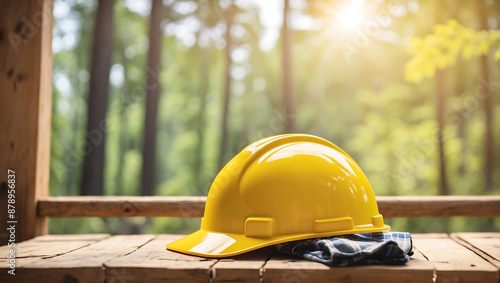 Labor day, yellow hard hat and plaid shirt resting on a wooden surface, with a blurred sunny outdoor background