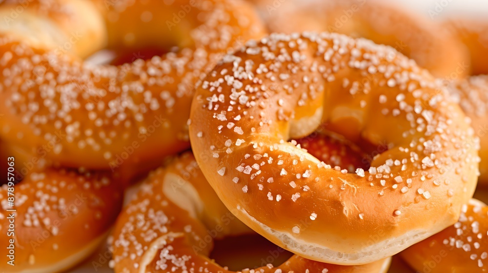 Pretzels: Soft, chewy pretzels sprinkled with coarse salt, arranged on a solid background, emphasizing the golden brown exterior, soft texture, Pretzels: Soft, chewy pretzels sprinkled with coarse salt, arranged on a solid background, emphasizing the golden brown exterior, soft texture,