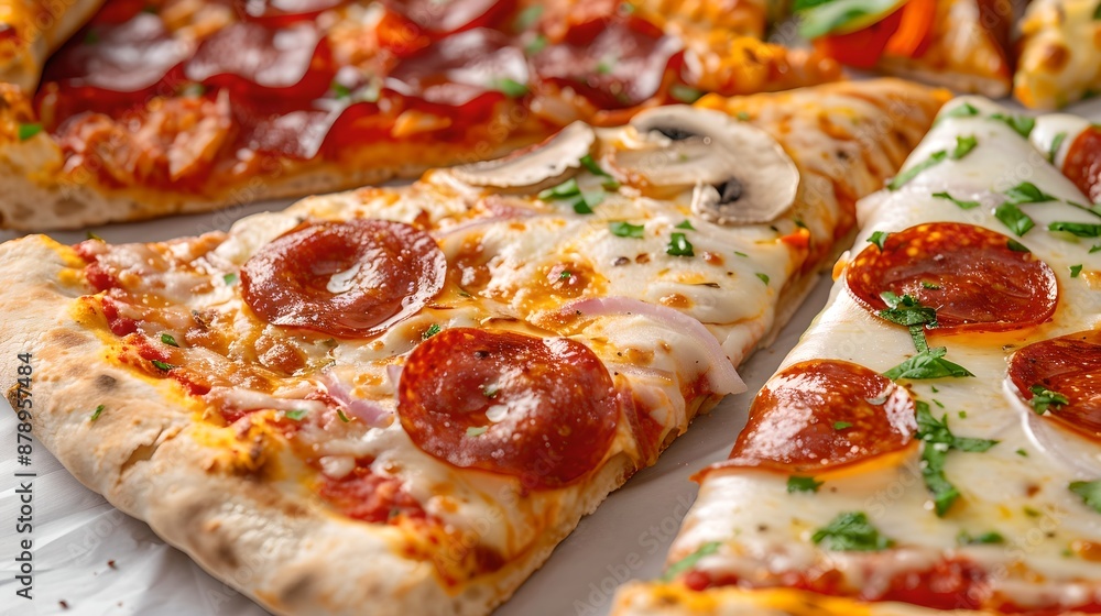 Pizza: Slices of pizza with a variety of toppings, such as pepperoni, mushrooms, onions, and bell peppers, arranged on a solid background. Pizza: Slices of pizza with a variety of toppings, such as pepperoni, mushrooms, onions, and bell peppers, arranged on a solid background.