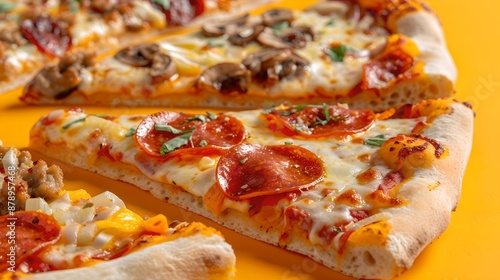 Pizza: Slices of pizza with a variety of toppings, such as pepperoni, mushrooms, onions, and bell peppers, arranged on a solid background. 