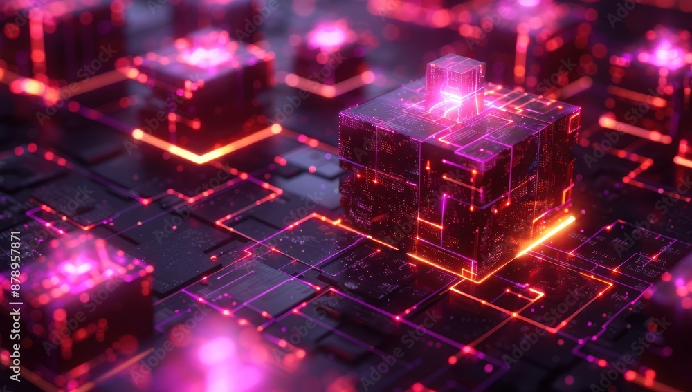 Glowing Circuitry Cube in a Digital Landscape Glowing Circuitry Cube in a Digital Landscape