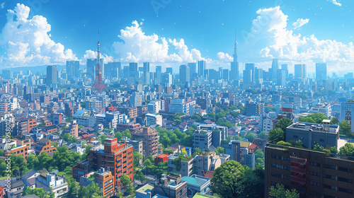 Fototapeta Naklejka Na Ścianę i Meble -  anime tokyo city skyline daytime skyscraper buildings high detail blue sky japan