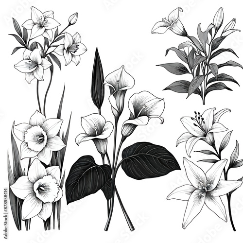 Floral Fanfare: A Collection of Black and White Lilies and Leaves photo