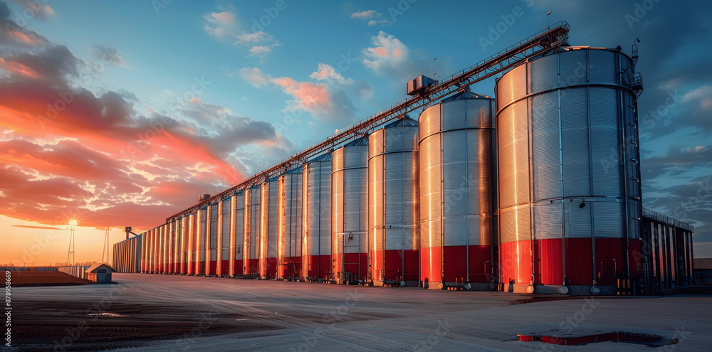 Modern Silver and Red Grain Silos at Sunset on Big Farm with Tall Metal Cupboards and Industrial Architecture Modern Silver and Red Grain Silos at Sunset on Big Farm with Tall Metal Cupboards and Industrial Architecture