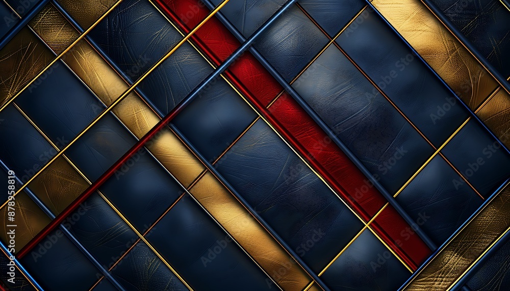 Ultra-realistic abstract background with golden, red, and blue stripes on a dark navy blue leather texture for business concepts. Ultra-realistic abstract background with golden, red, and blue stripes on a dark navy blue leather texture for business concepts.