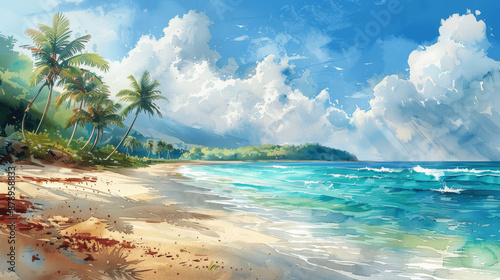 Wallpaper Mural Tropical Beach Watercolor Painting - Palm Trees, Ocean Scenic Landscape, Sunset Illustration for T-Shirt Torontodigital.ca