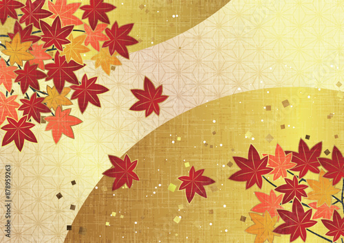 デザイン紅葉、イラスト、麻の葉模様、金箔、背景、横