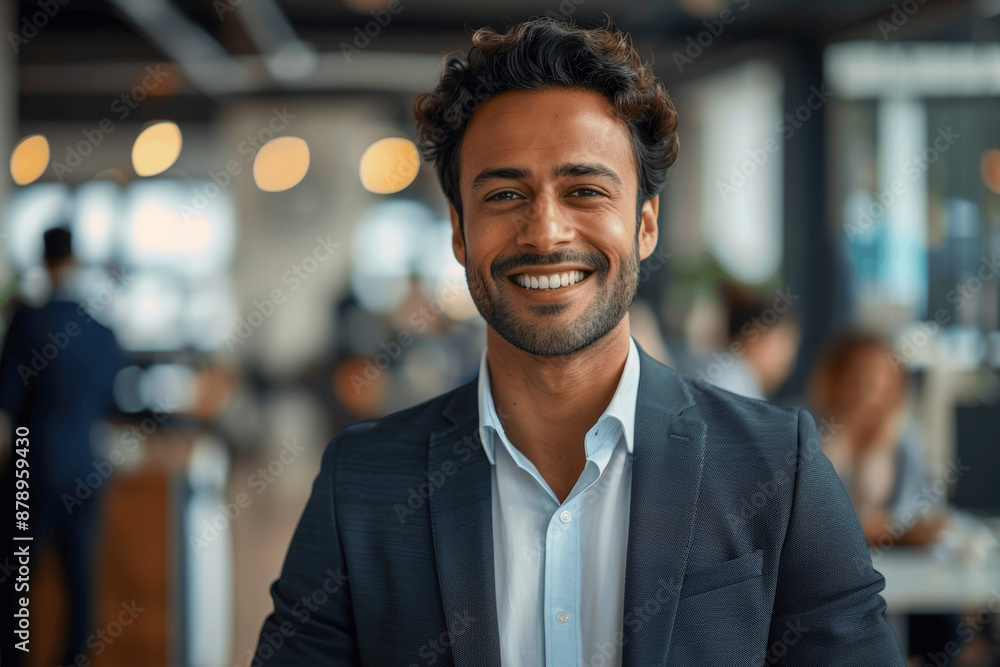 portrait of a confident smiling asian businessman in a suit standing in his modern office with employees working in the background portrait of a confident smiling asian businessman in a suit standing in his modern office with employees working in the background