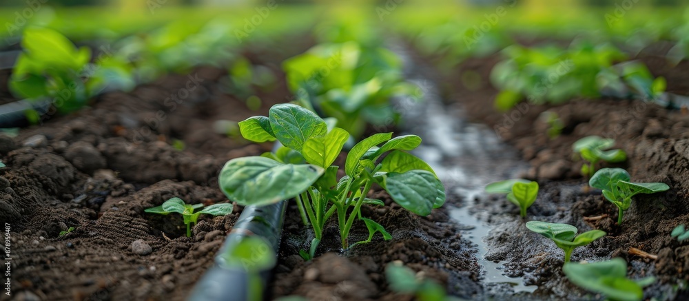 Obraz premium Fresh green plants thriving in a well-irrigated field, showcasing healthy growth and vibrant leaves in a farming environment.