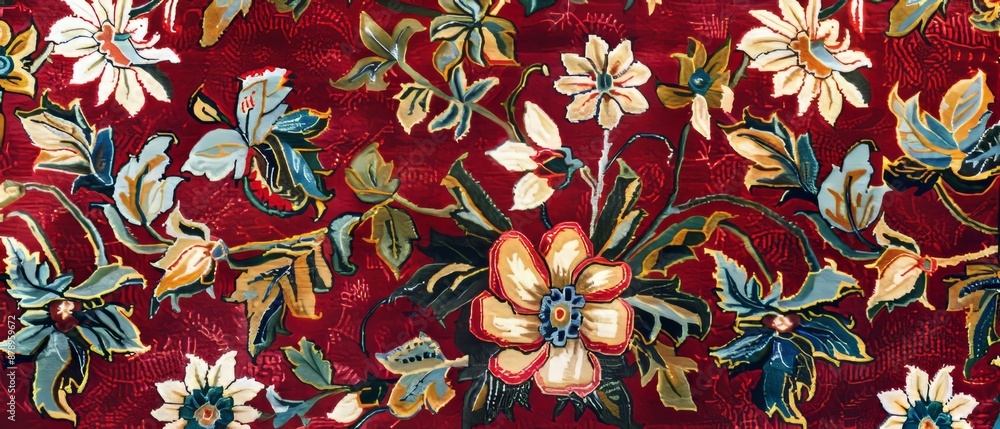 Panoramic close-up, high detail scan of floral rug texture, Generative AI Panoramic close-up, high detail scan of floral rug texture, Generative AI