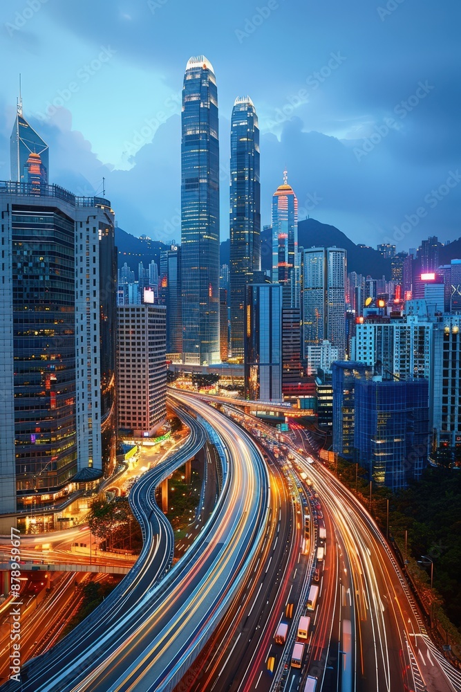 Fototapeta premium A dynamic cityscape featuring towering skyscrapers and vibrant light trails from traffic, captured at dusk in a modern urban environment.