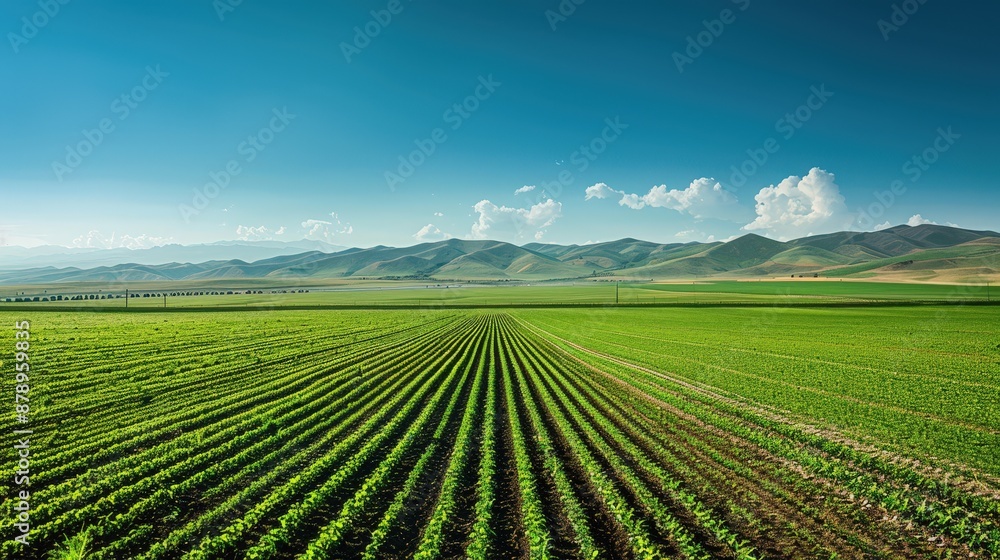 Expansive green farmland with neatly aligned crop rows, set against a backdrop of rolling hills and a clear blue sky. Expansive green farmland with neatly aligned crop rows, set against a backdrop of rolling hills and a clear blue sky.