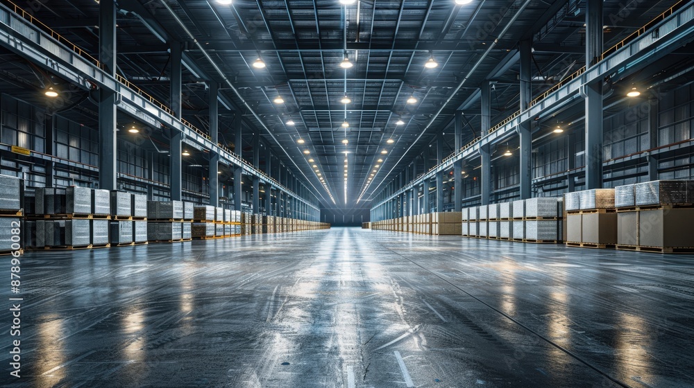 Spacious industrial warehouse with high ceilings, stacked pallets, and bright overhead lighting, showcasing a clean and organized storage environment. Spacious industrial warehouse with high ceilings, stacked pallets, and bright overhead lighting, showcasing a clean and organized storage environment.