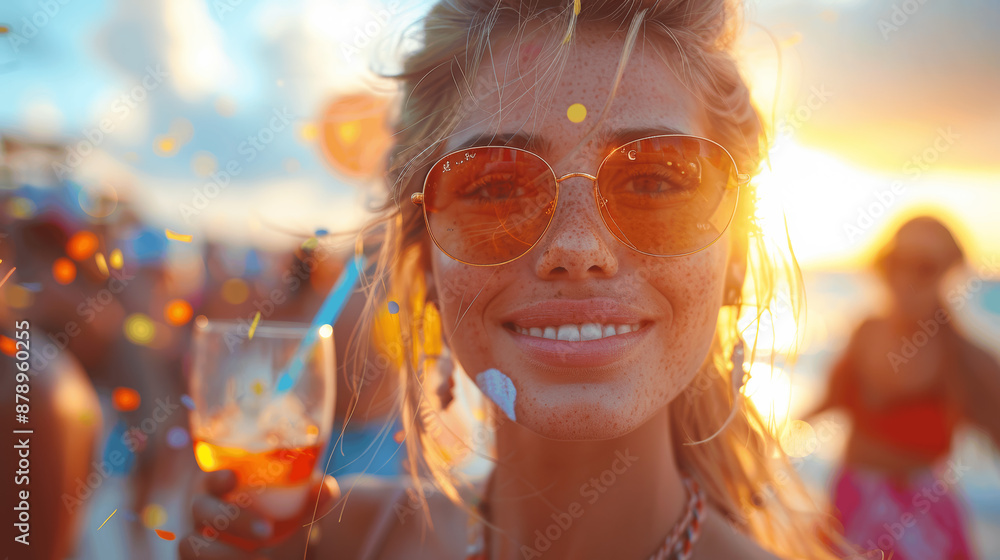 Young friends celebrating at a sunset party with drinks and confetti Young friends celebrating at a sunset party with drinks and confetti
