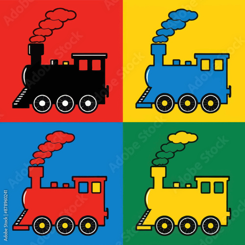 Colorful Cartoon Train Illustrations: Four Different Styles in Red, Blue, Yellow, and Green photo