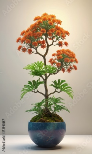 Wallpaper Mural Bonsai Tree with Orange Flowers in a Blue Pot. Torontodigital.ca