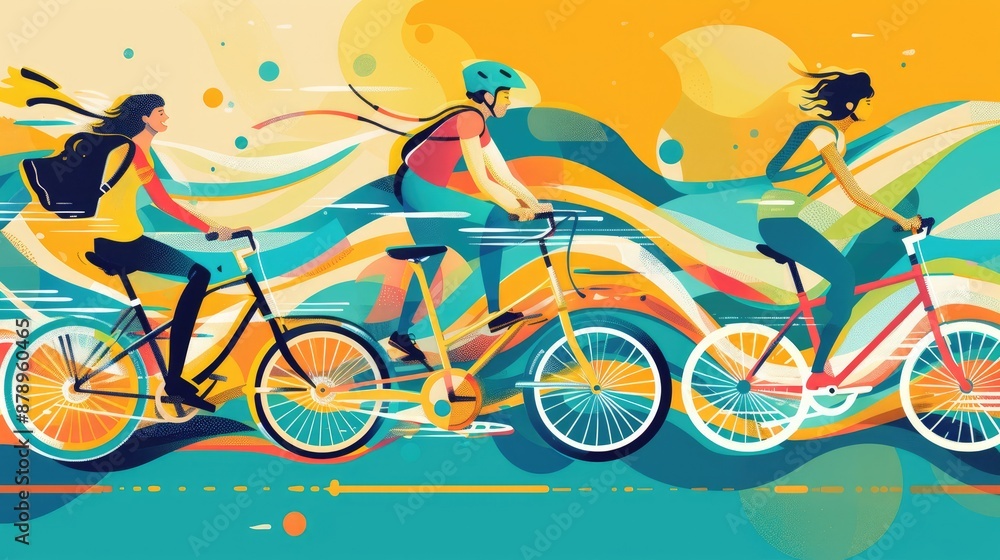 Fototapeta premium Three Cyclists on a Vibrant Journey