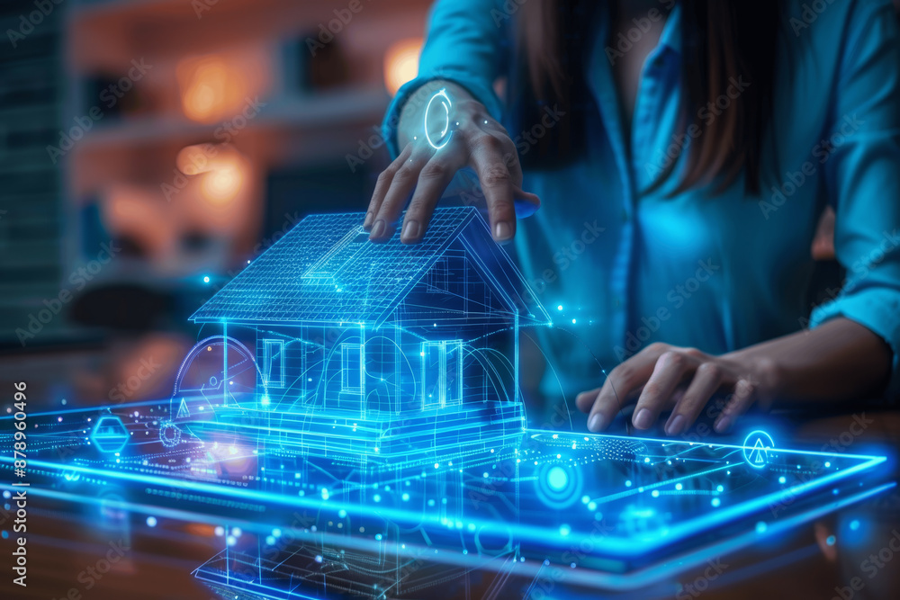futuristic holographic house model concept in a real estate office for mortgage and property demonstration with woman in background futuristic holographic house model concept in a real estate office for mortgage and property demonstration with woman in background