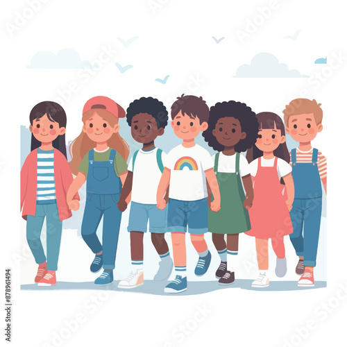 a Group of multiethnic children walk together holding hands peacefully