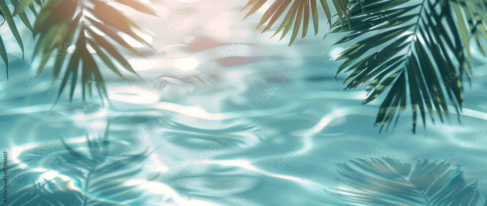 Obraz premium Top View Water Surface with Tropical Palm Leaf Shadow on White Sand Beach Abstract Summer Background Banner