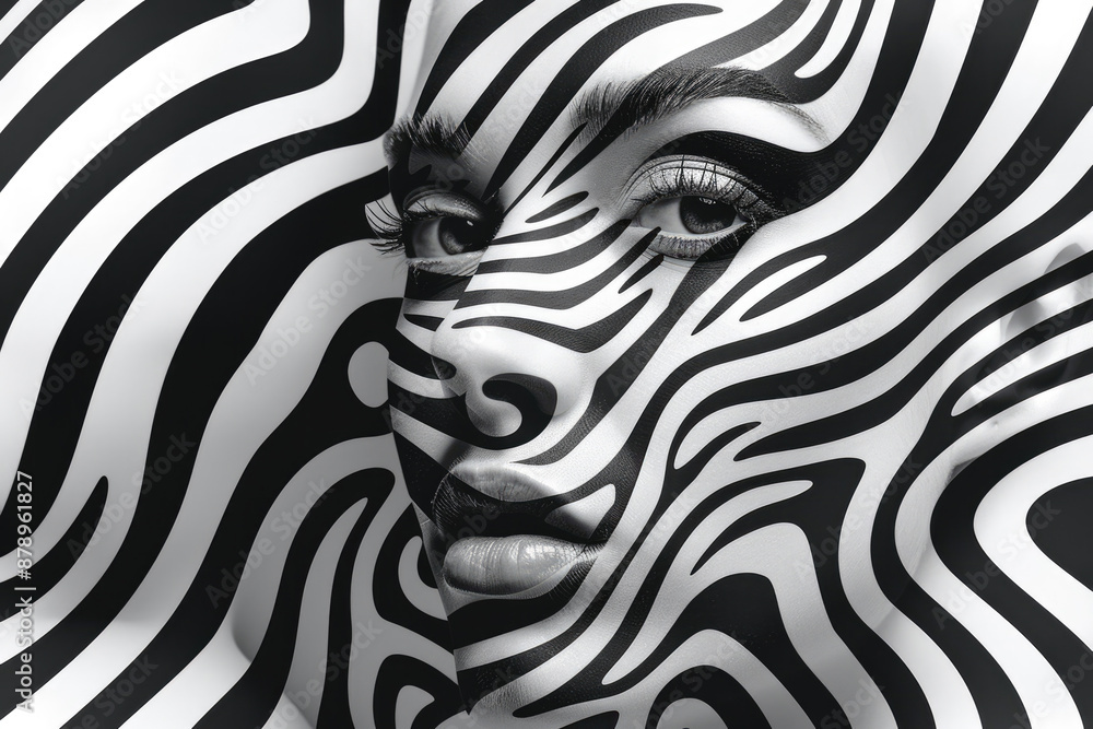 Fototapeta premium A close-up of a woman's face painted with zebra lines